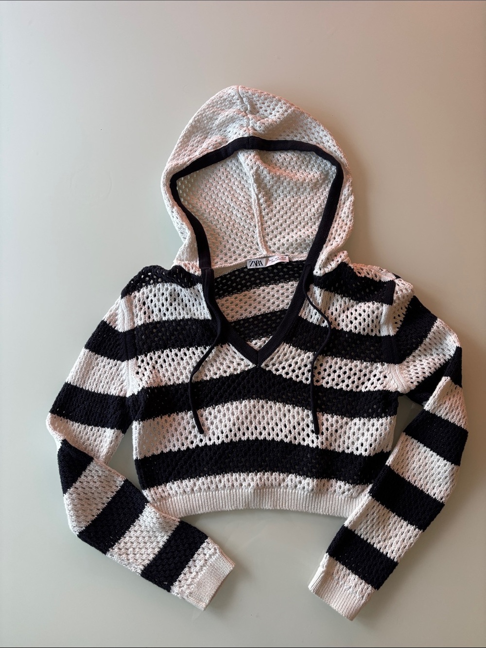 Zara Black & White Striped Cropped Hooded Knit Top